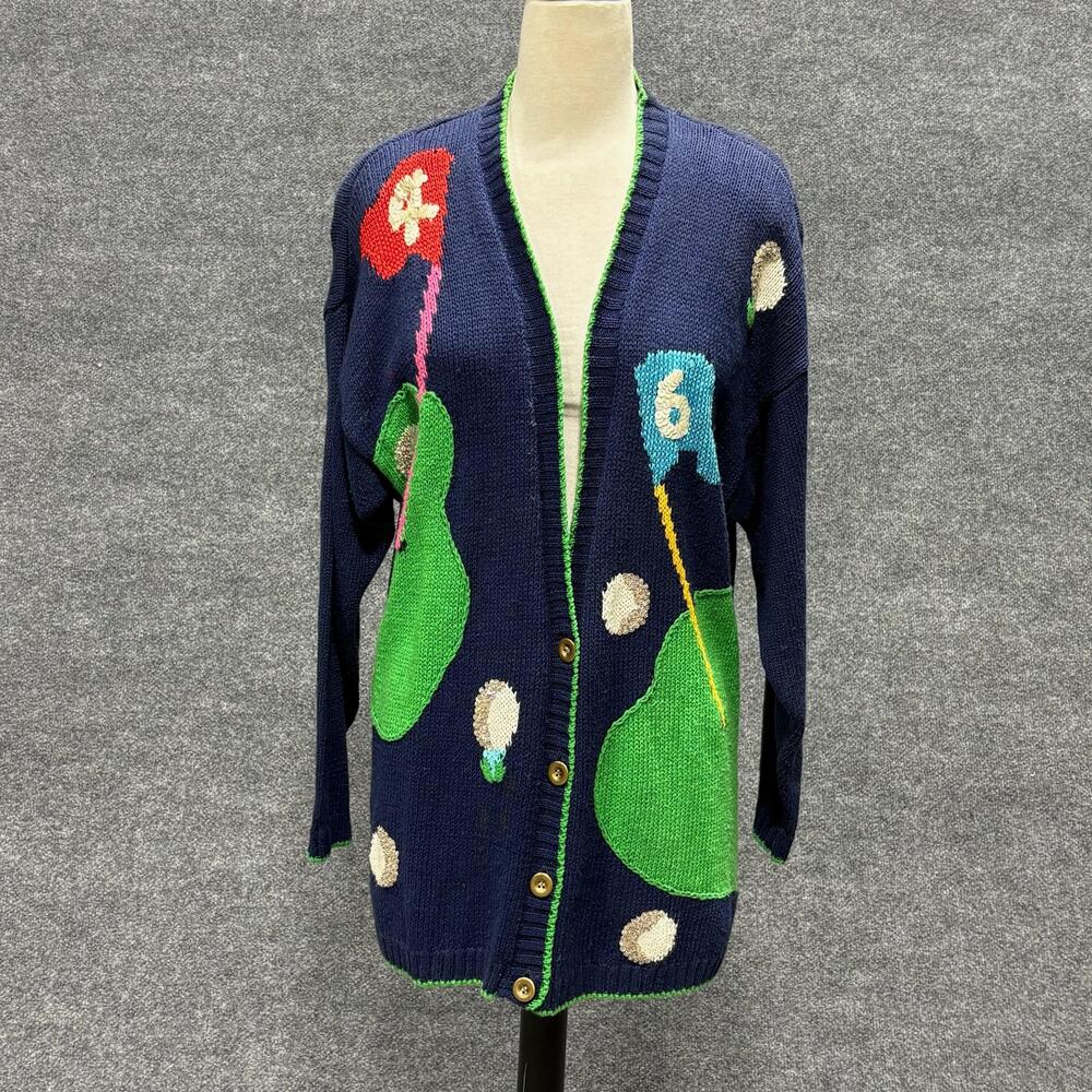 Vintage Chaus Sport Sweater Cardigan Womens Large Blue Golf Graphic Sequin Ugly